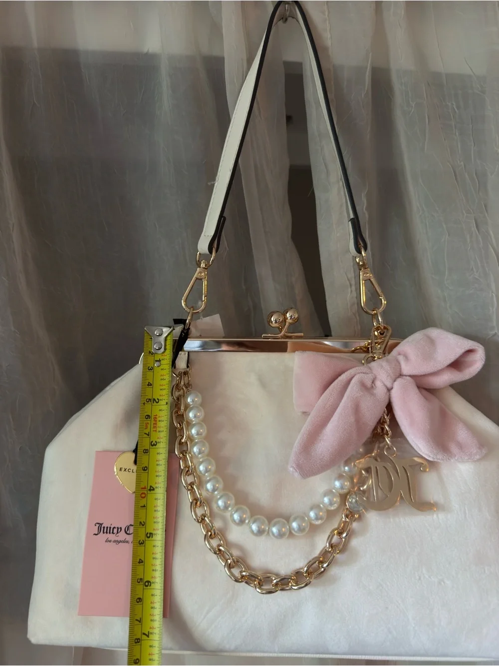 Juicy Couture Cream & Pink Pearl-Trim Satchel with Gold Chain